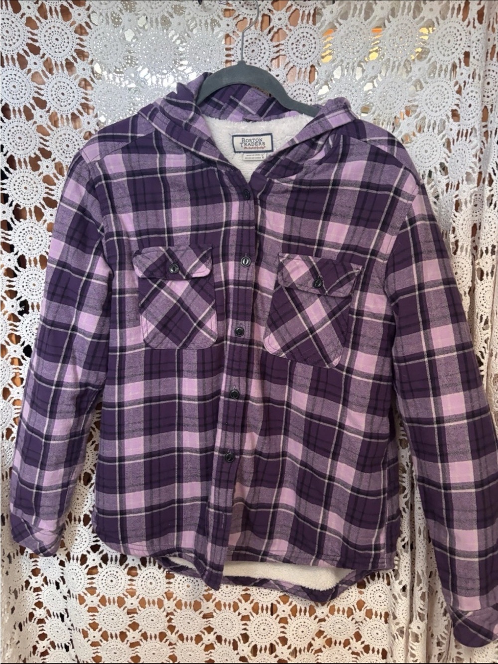 Boston Traders Purple Plaid Hooded womens Flannel Jacket
